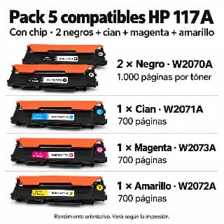 Pack de 5 tóneres compatibles HP 117A con chip: dos negros, cian, magenta y amarillo miniatura 2