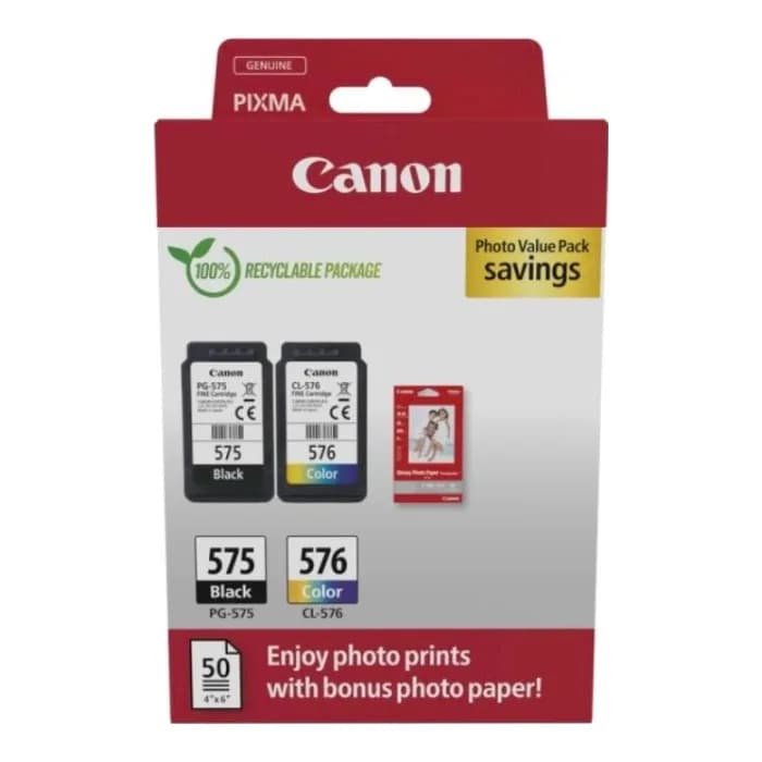 Pack 2 cartuchos originales Canon PG-575 y CL-576 con papel fotografico